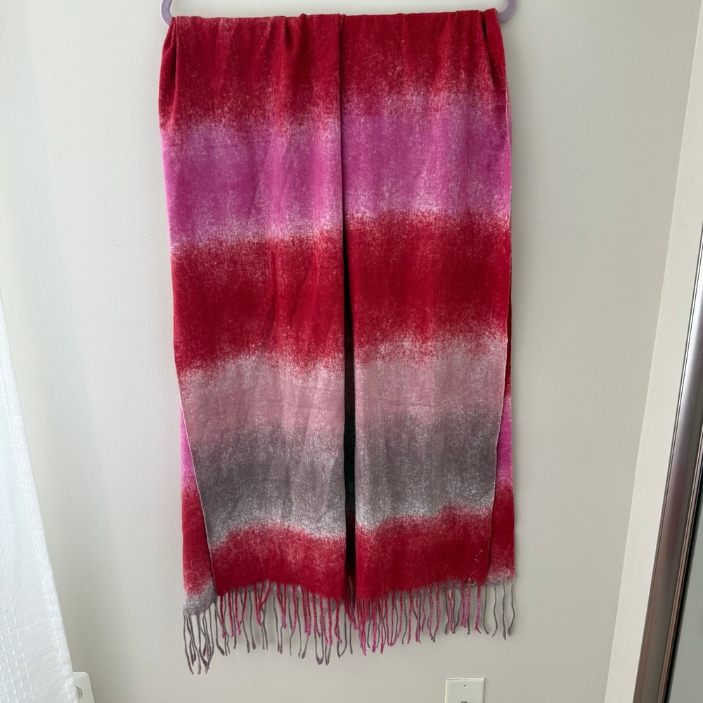 Red Pink Grey Ombre Striped Oversized Fringe Wrap Scarf Shawl